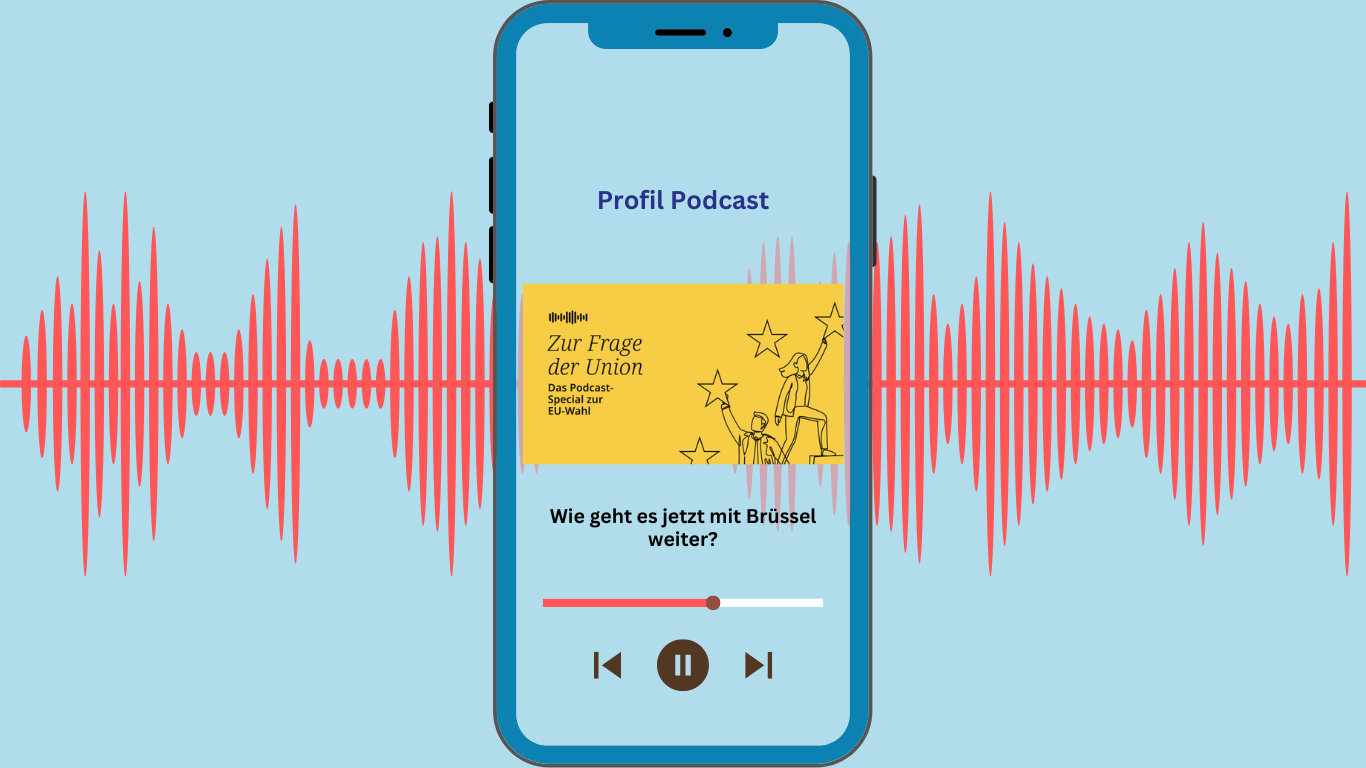 Podcast Hintergrundbild: ein Smartphone ist mittig platziert, dahiner sieht man Radiowellen. Im Smartphone stehen die Textdetails des Podcasts: Profil Podcast, Logo und Titel der Sendung (Wie geht es jetzt mit Brüssel weiter). Das Logo ist senfgelb.